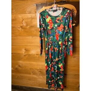 For G and PL Womens Christmas Dress Long Sleeve Pockets Holiday Party Print Midi